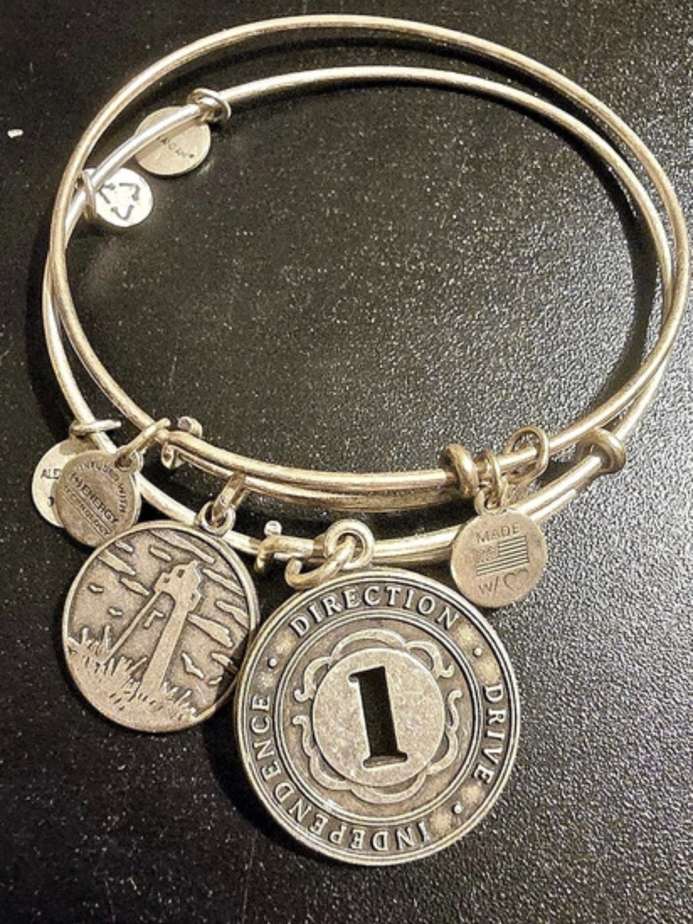 Alex and Ani Silver Charm Bangle Bracelet Lot of 2 - Lighthouse & Numerology 1